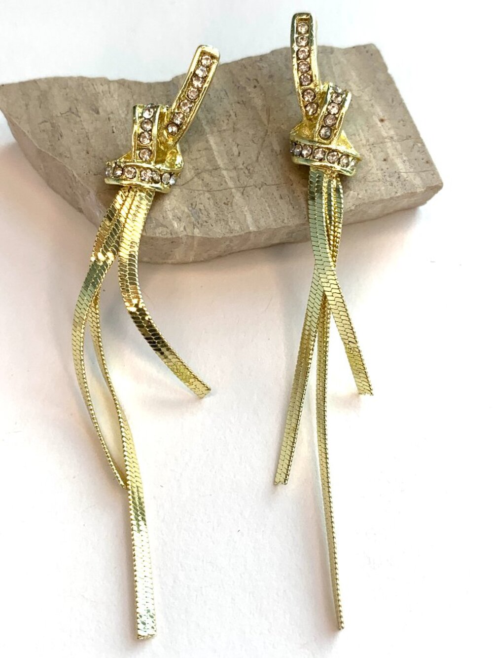 NEW~ Anthropologie Crystal Encrusted Knot Long Fringe Gold Earrings